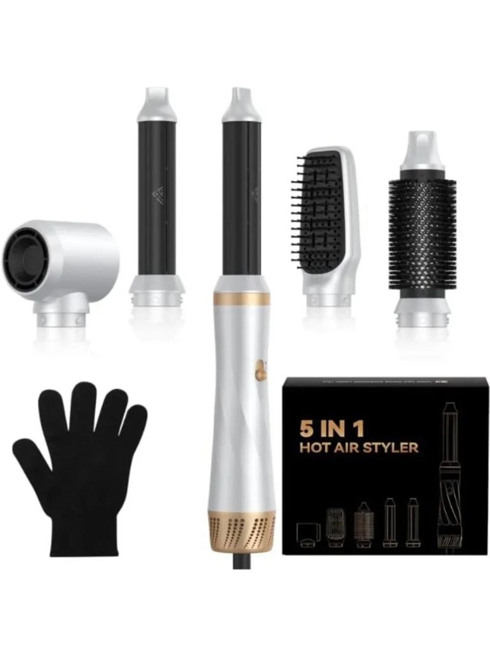 5-in-1 Hot Air Brush & Curler, Fast Drying, Adjustable Temp, Detachable Styling